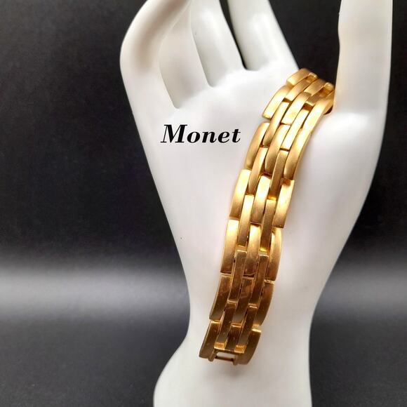 Vintage Monet Gold Plated Link Bracelet, Satin Finish, 7 1/2 Inches - Picture 1 of 10
